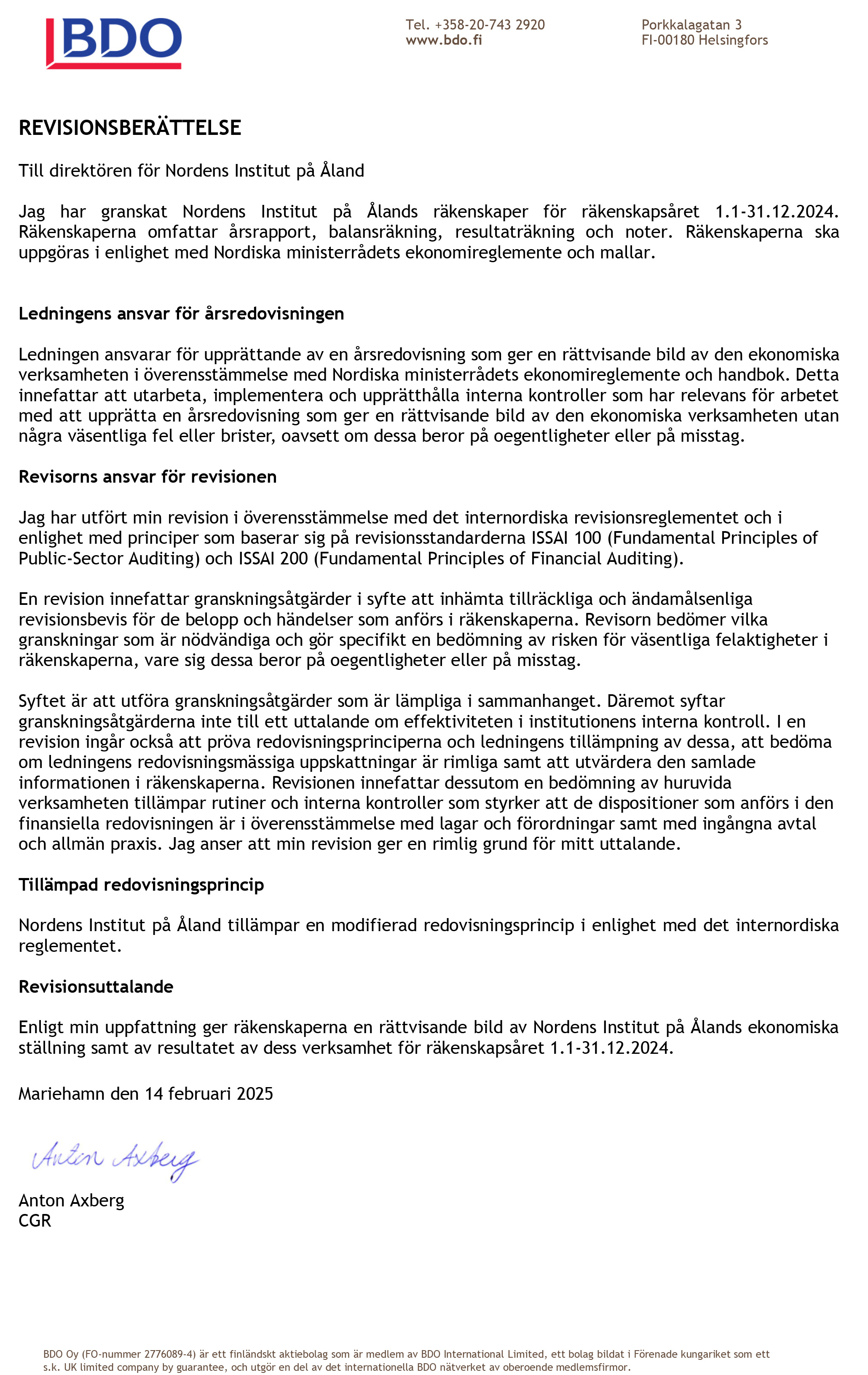 Billede af brev for Revisionsberättelse och revisorns underskrift